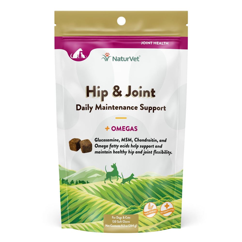 NaturVet hip and joint soft chew bag front showing daily joint support