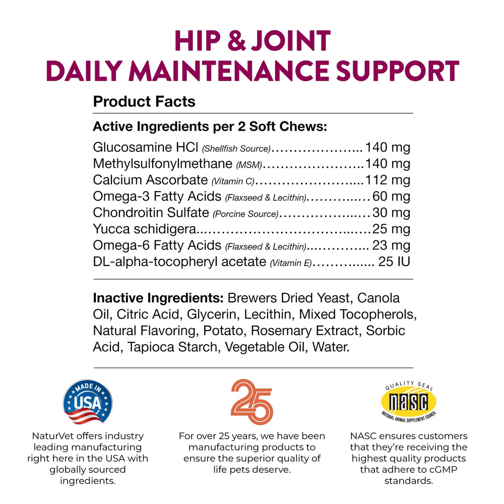 NaturVet hip and joint soft chew bag opened with chews ready to serve