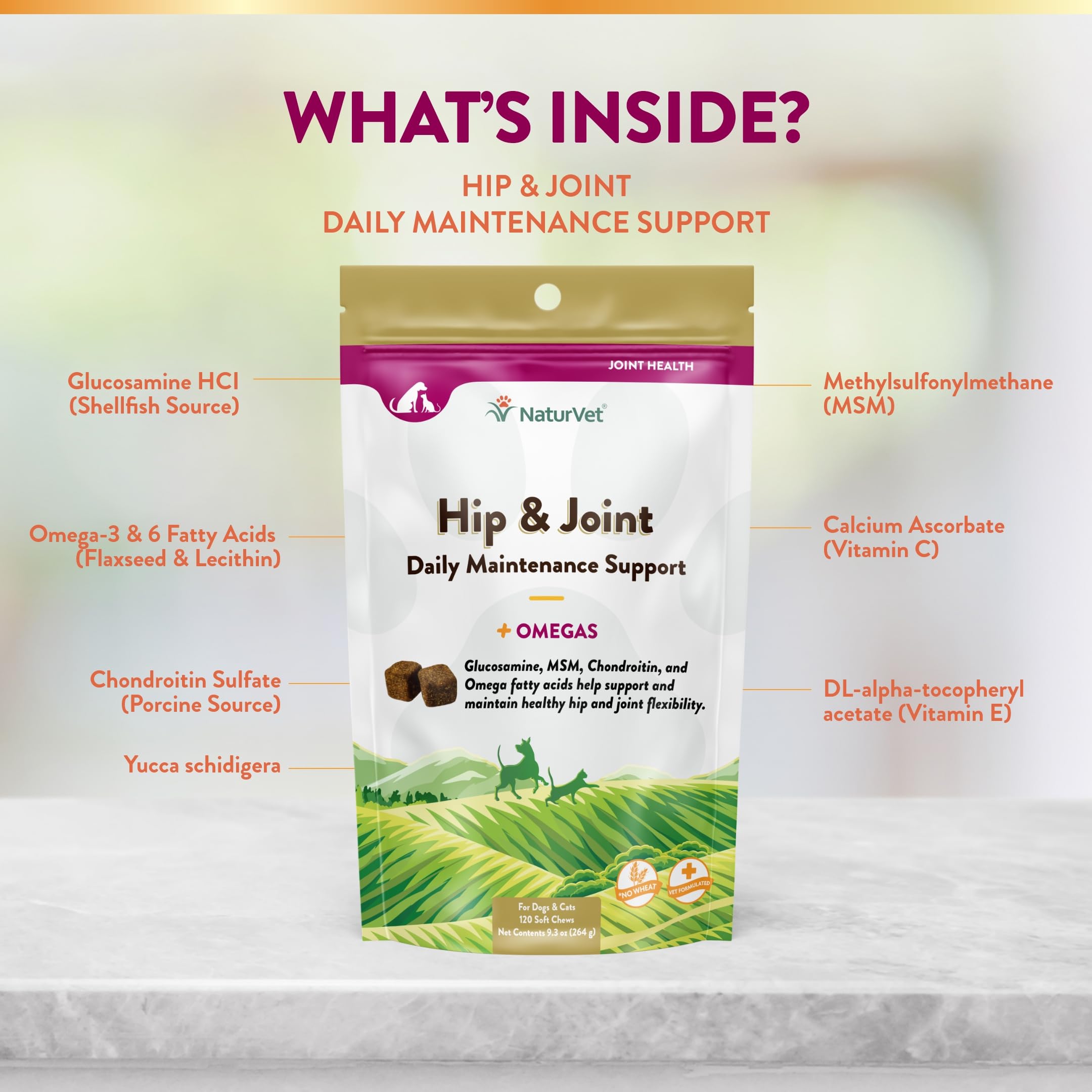NaturVet hip and joint soft chew serving bowl suggests convenient daily dose