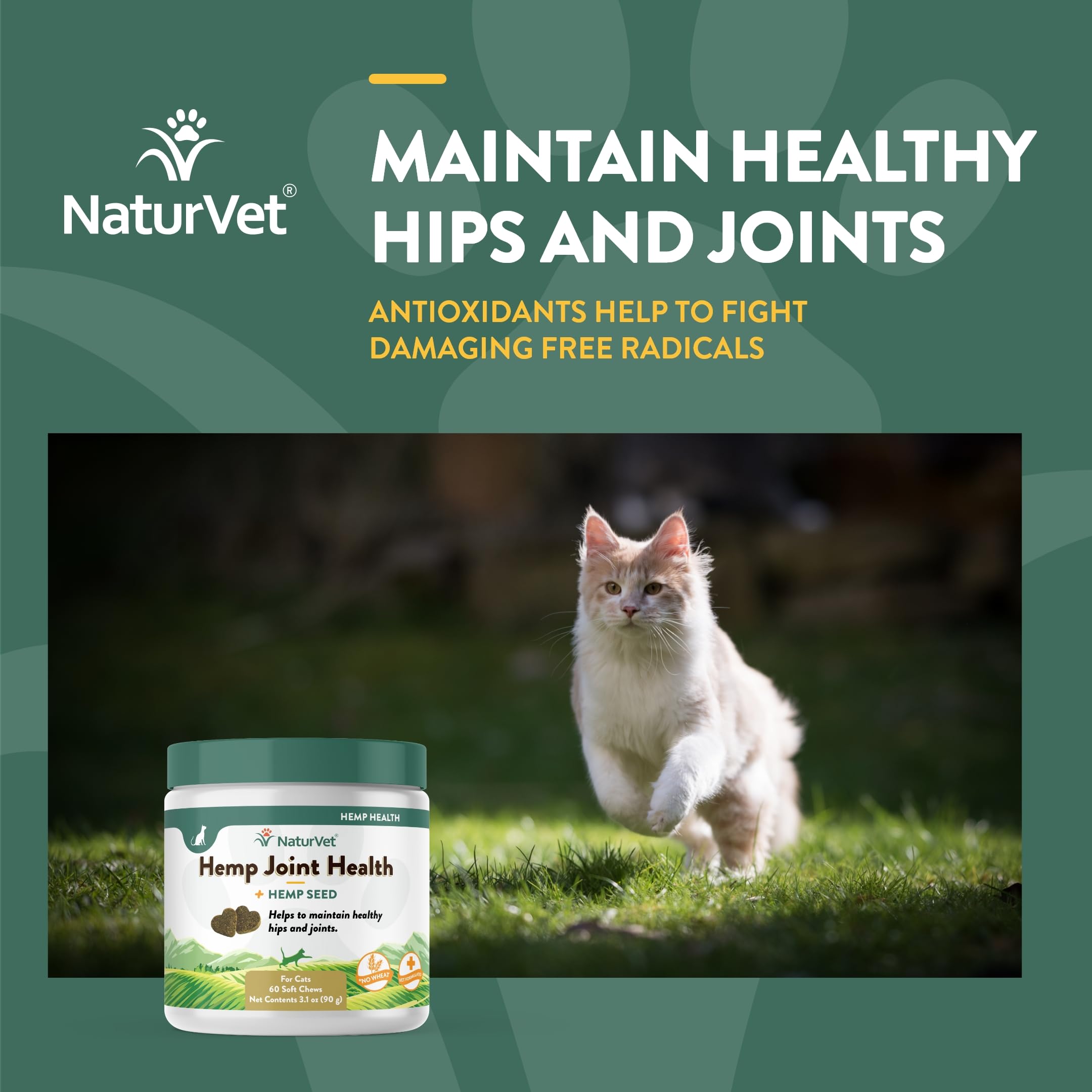 NaturVet Hemp Joint Health for Cats ingredients label close-up featuring glucosamine for joint support.