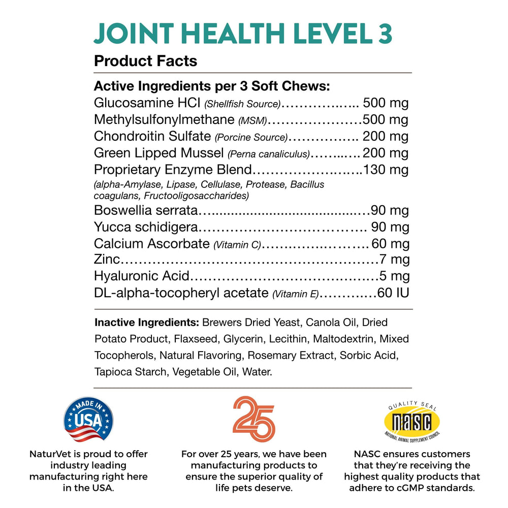 NaturVet Joint Health Level 3 bottle beside bowl for joint routine