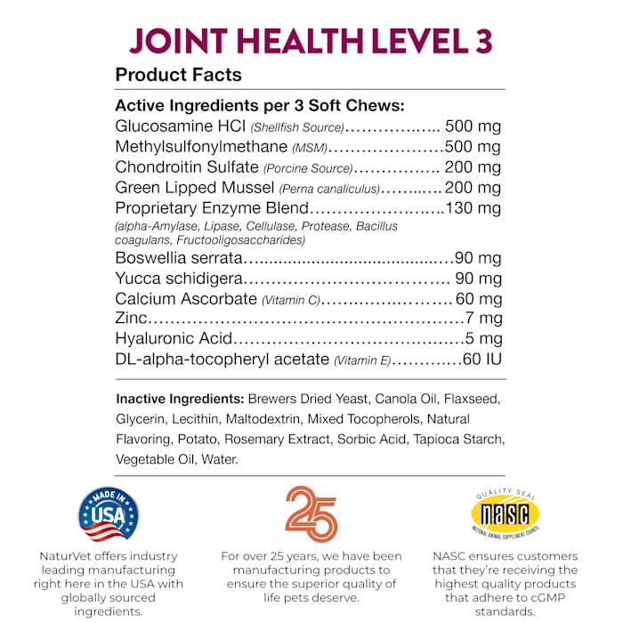 NaturVet Joint Health Level 3 ingredients panel featuring glucosamine and green lip mussel