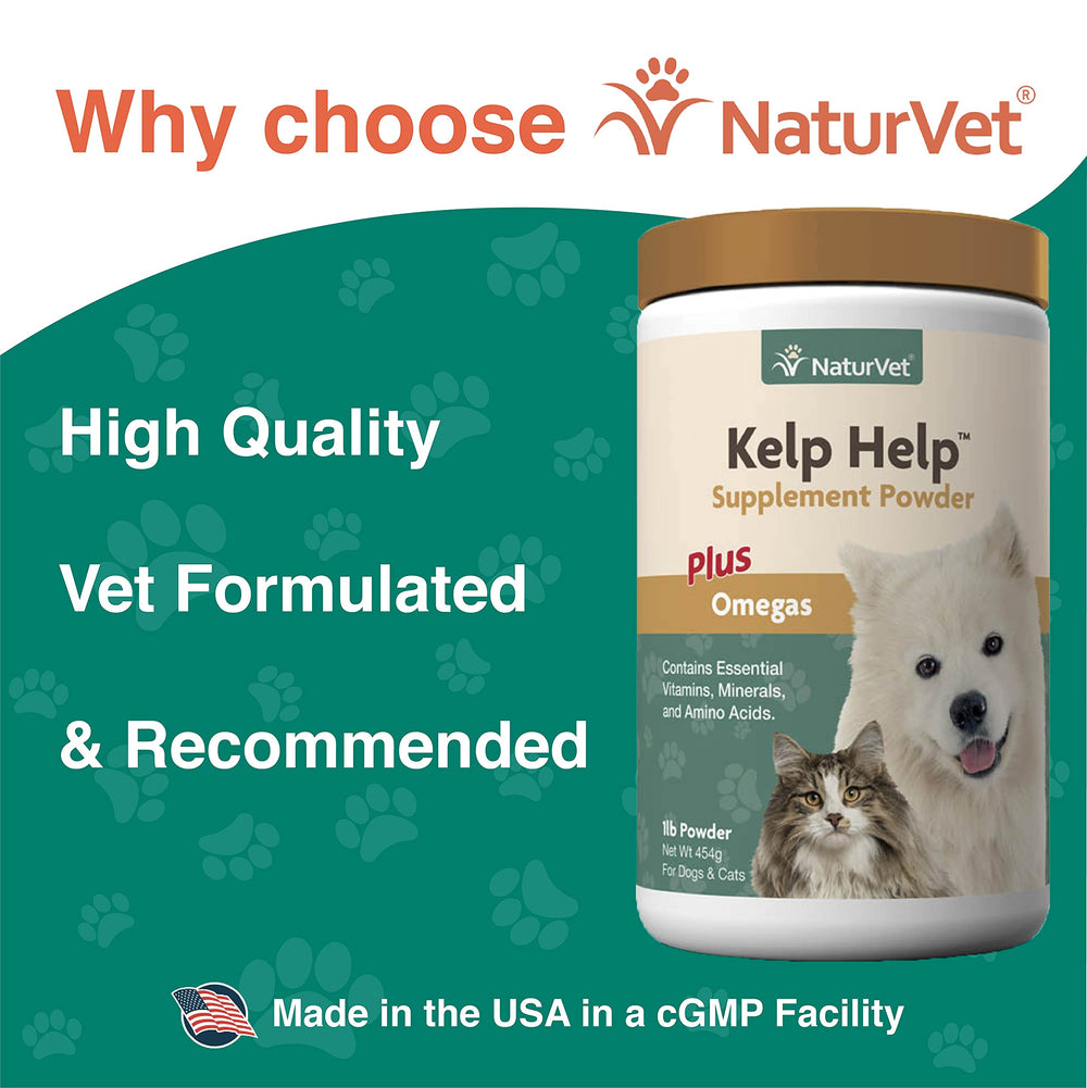 NaturVet Kelp Help Plus Omegas being sprinkled on dog and cat meals