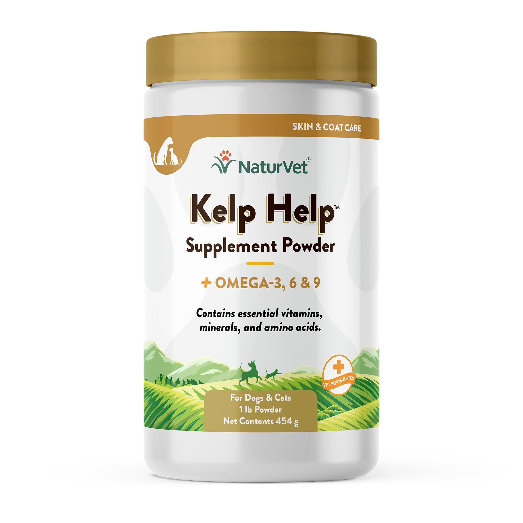 NaturVet Kelp Help Plus Omegas powder tub shows the omega-rich blend for skin and coat support