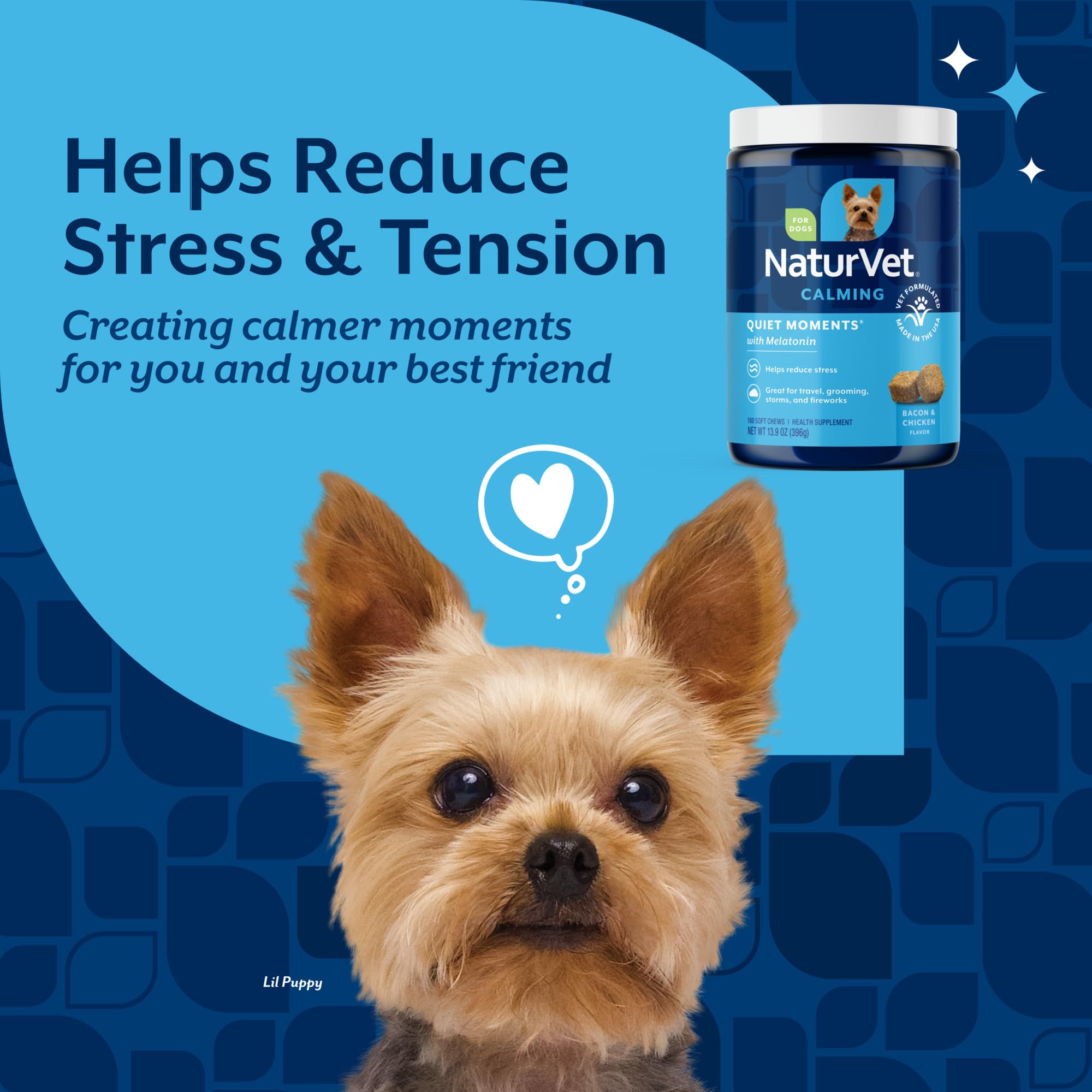 NaturVet melatonin dog stress-relief chews aiding mood support before fireworks.