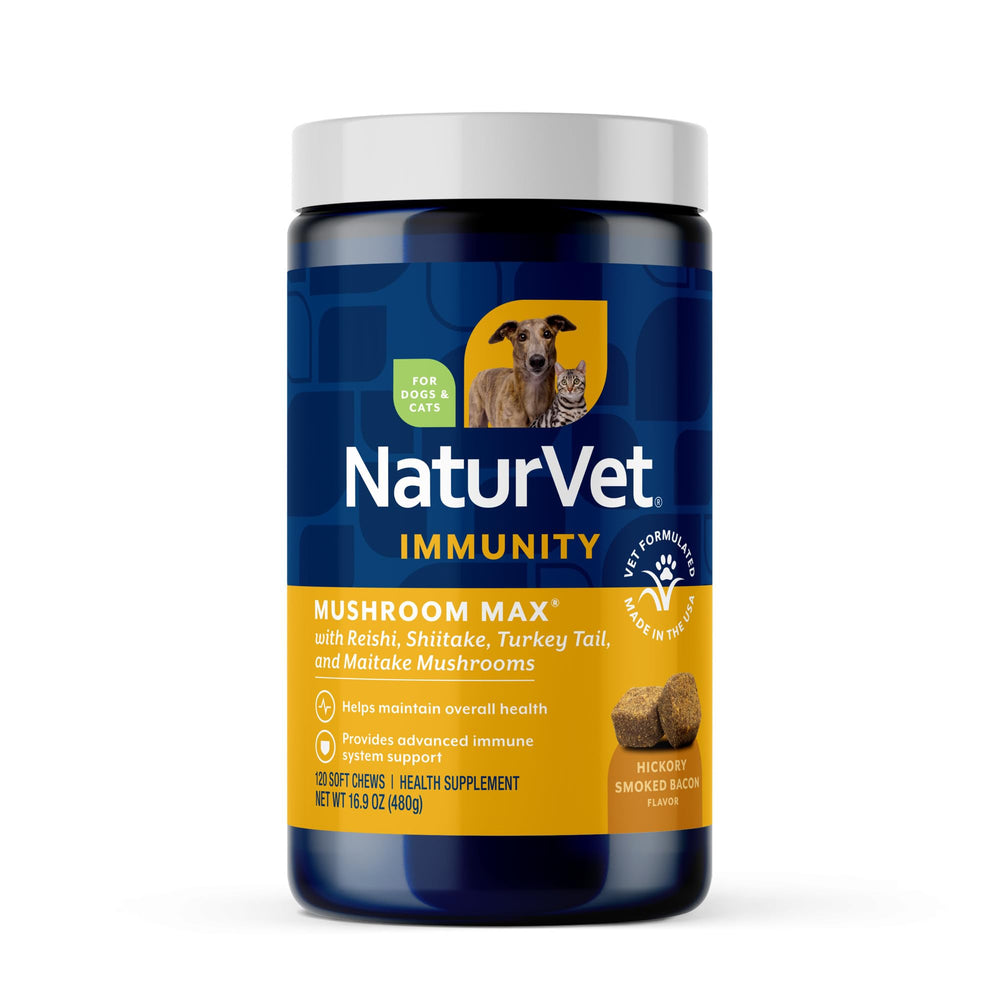 NaturVet Mushroom Max immune bottle pour showing easy daily dosing for immunity support