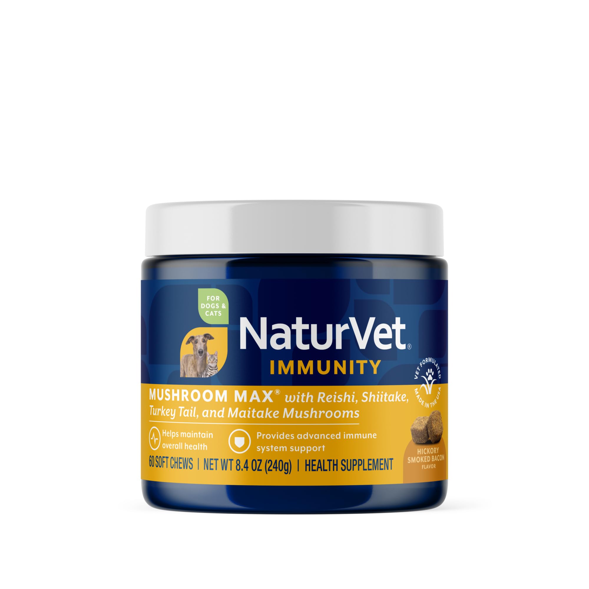 NaturVet Mushroom Max immunity bottle boosts daily canine health.