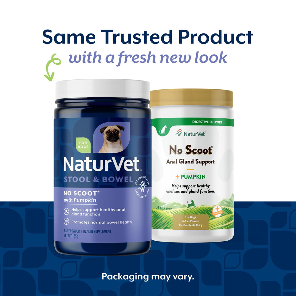 NaturVet No Scoot box shows pumpkin, beet pulp, psyllium husk for dog fiber.