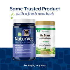 NaturVet No Scoot box shows pumpkin, beet pulp, psyllium husk for dog fiber.