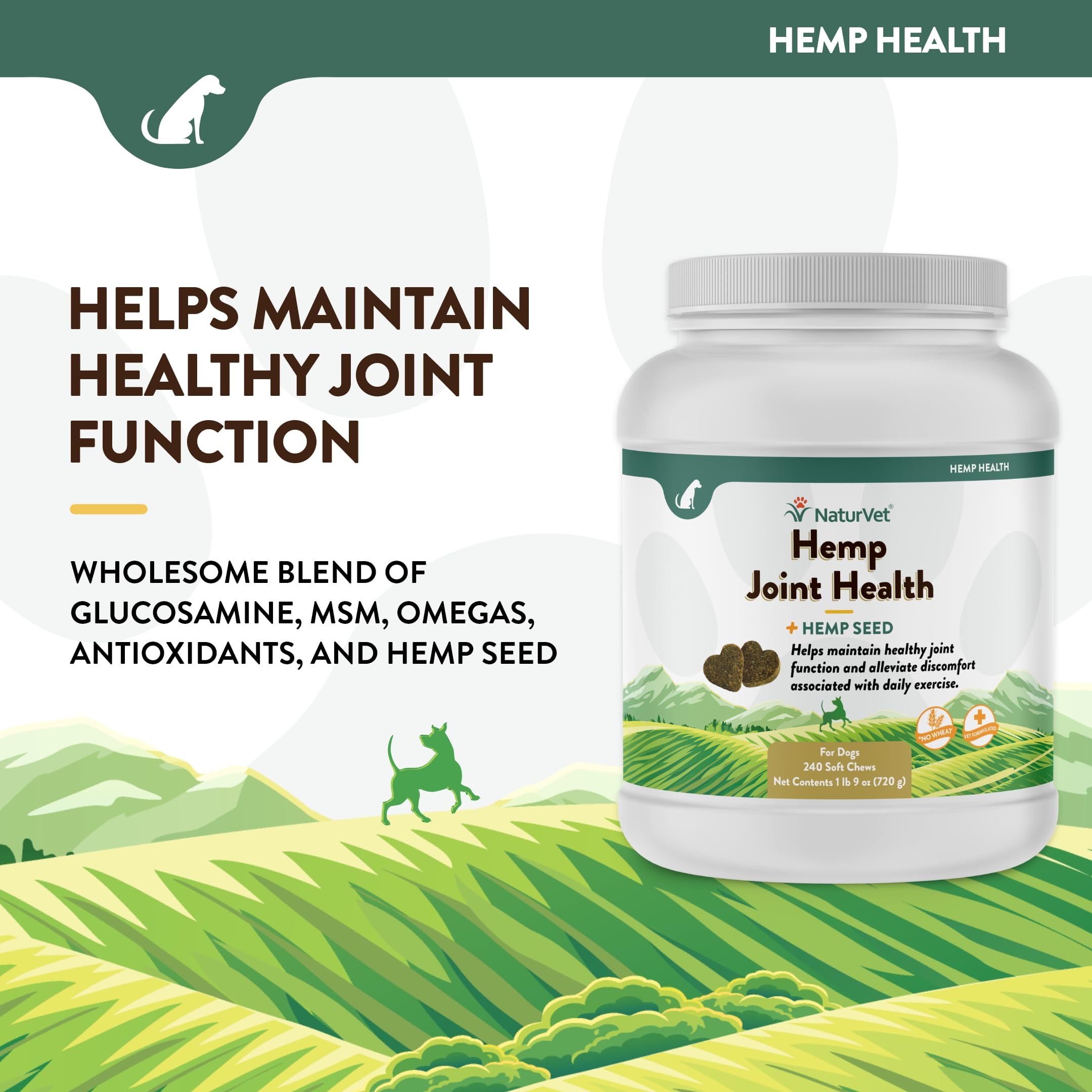 NaturVet dog supplement with omega-3 hemp seed vitamins for joints and coat.