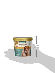 NaturVet Omega-Gold Plus bottle being poured emphasizes easy daily dosing.
