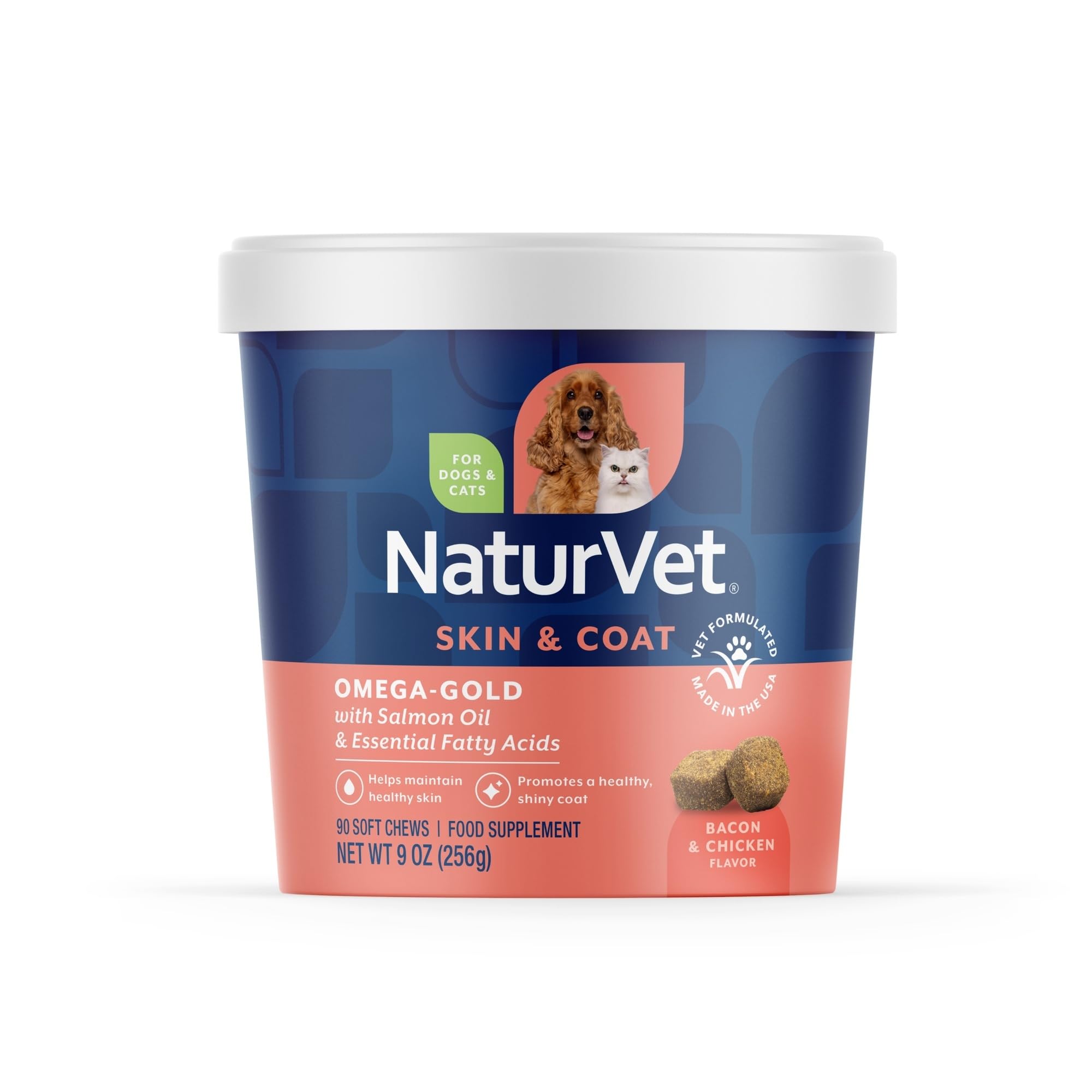 NaturVet Omega-Gold Plus bottle shows salmon oil formula for healthier skin and glossy coat.