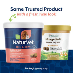 NaturVet Omega-Gold Plus soft chews ready for daily use to support coat shine.
