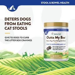 NaturVet Outta My Box ProBioStrive dual action formula illustration with natural ingredients