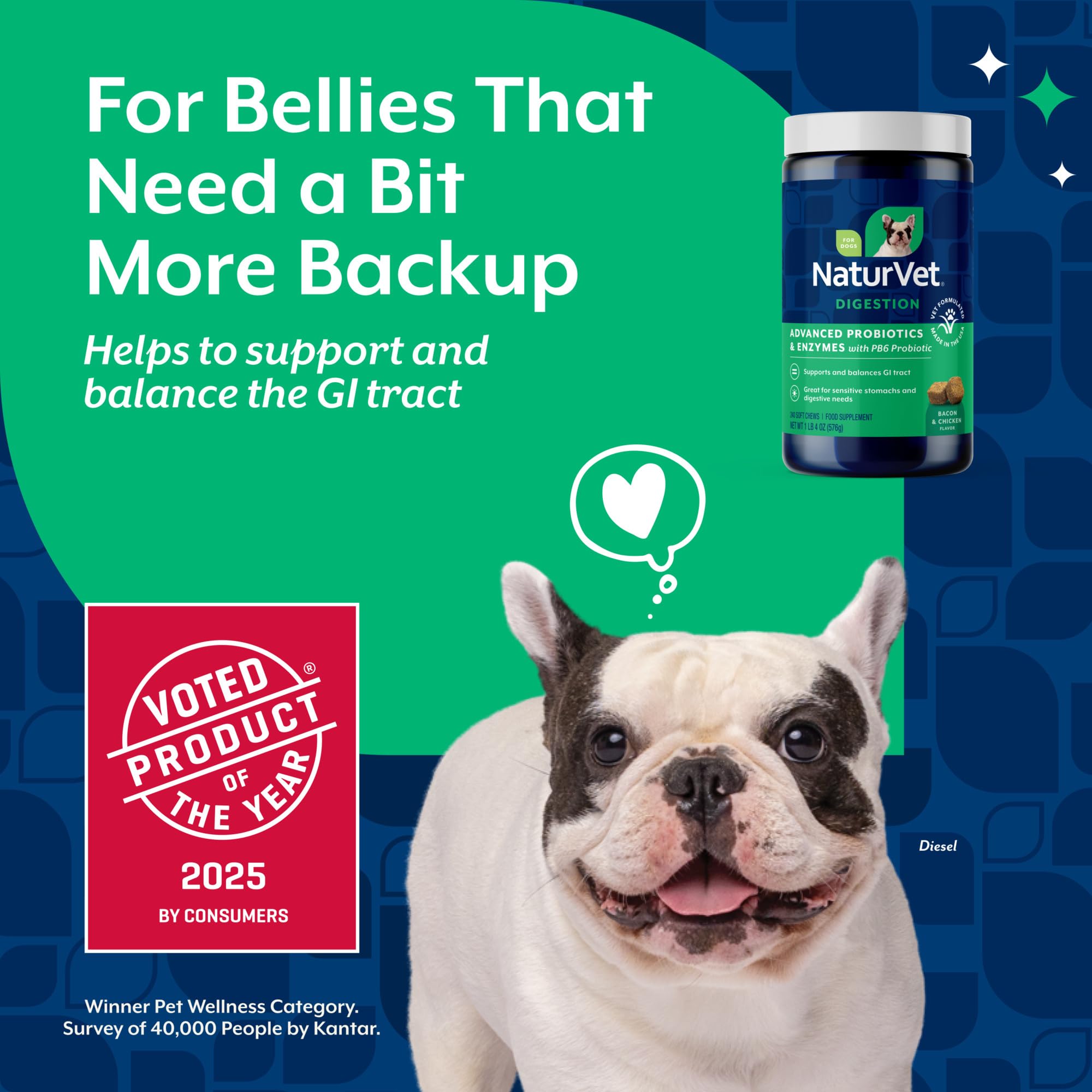 NaturVet PB6 bacon flavored supplement bottle highlights palatability and stomach-friendly benefits.