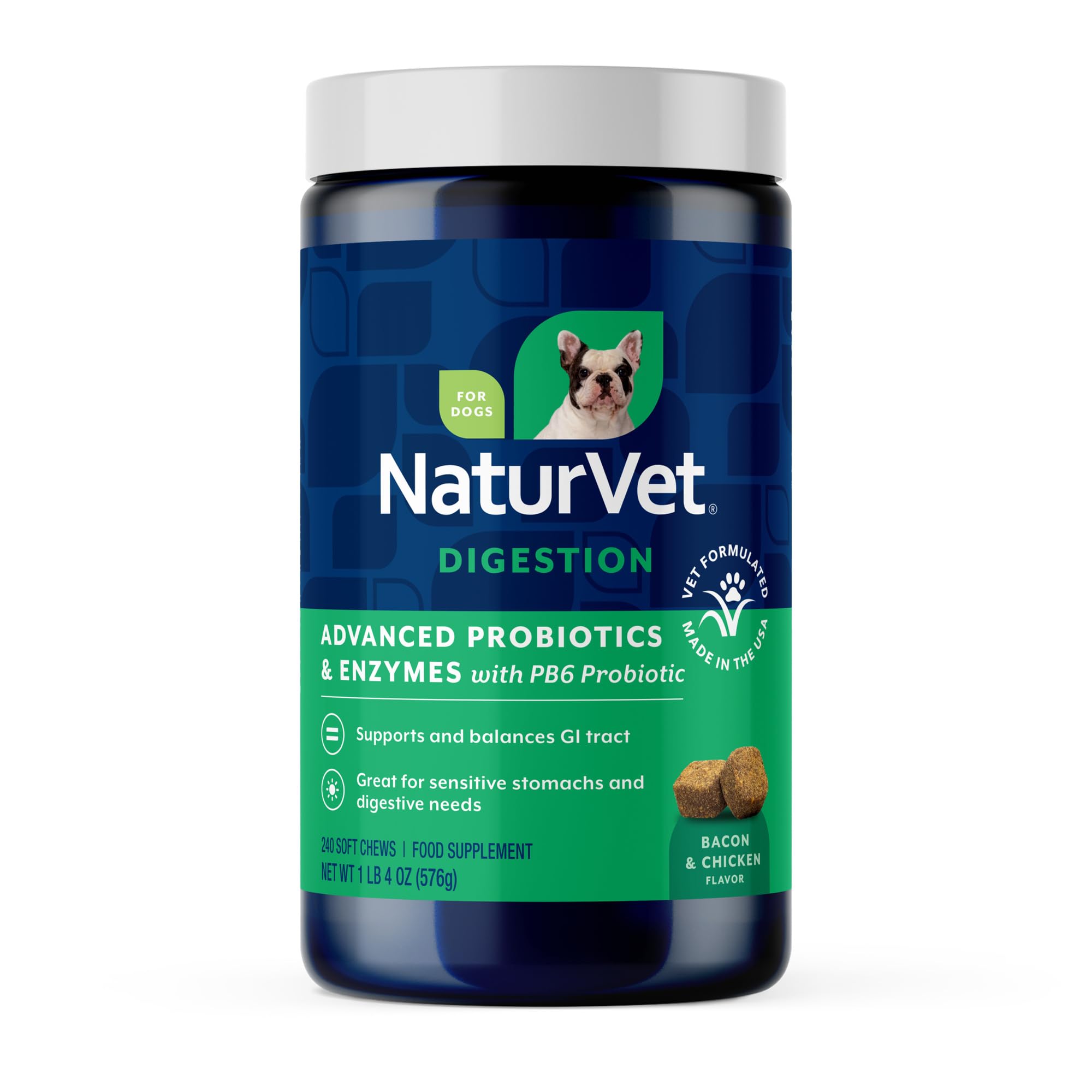 NaturVet PB6 bacon jar closeup shows tasty support for digestion.