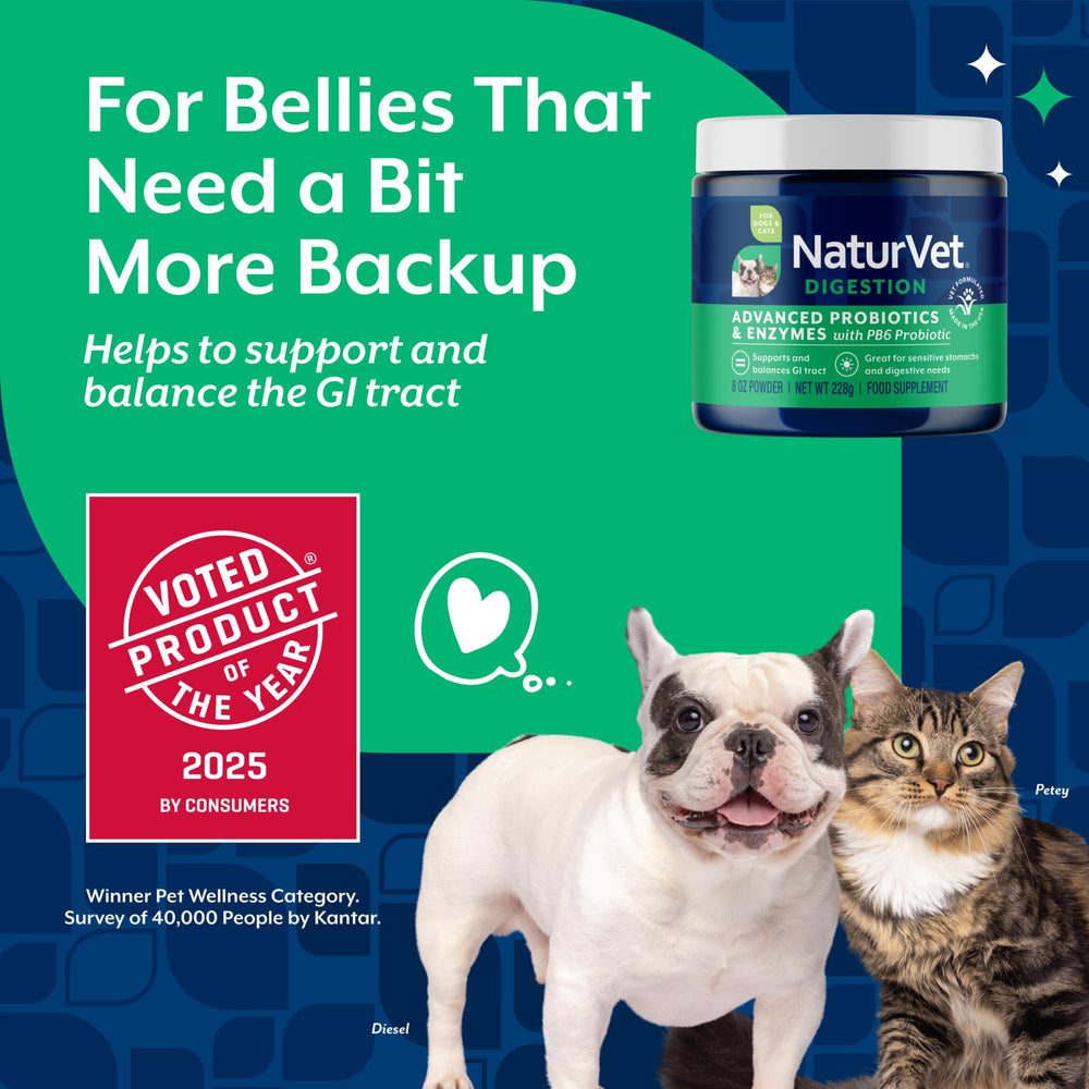 NaturVet PB6 powder being scooped helps support dogs and cats with sensitive stomachs.