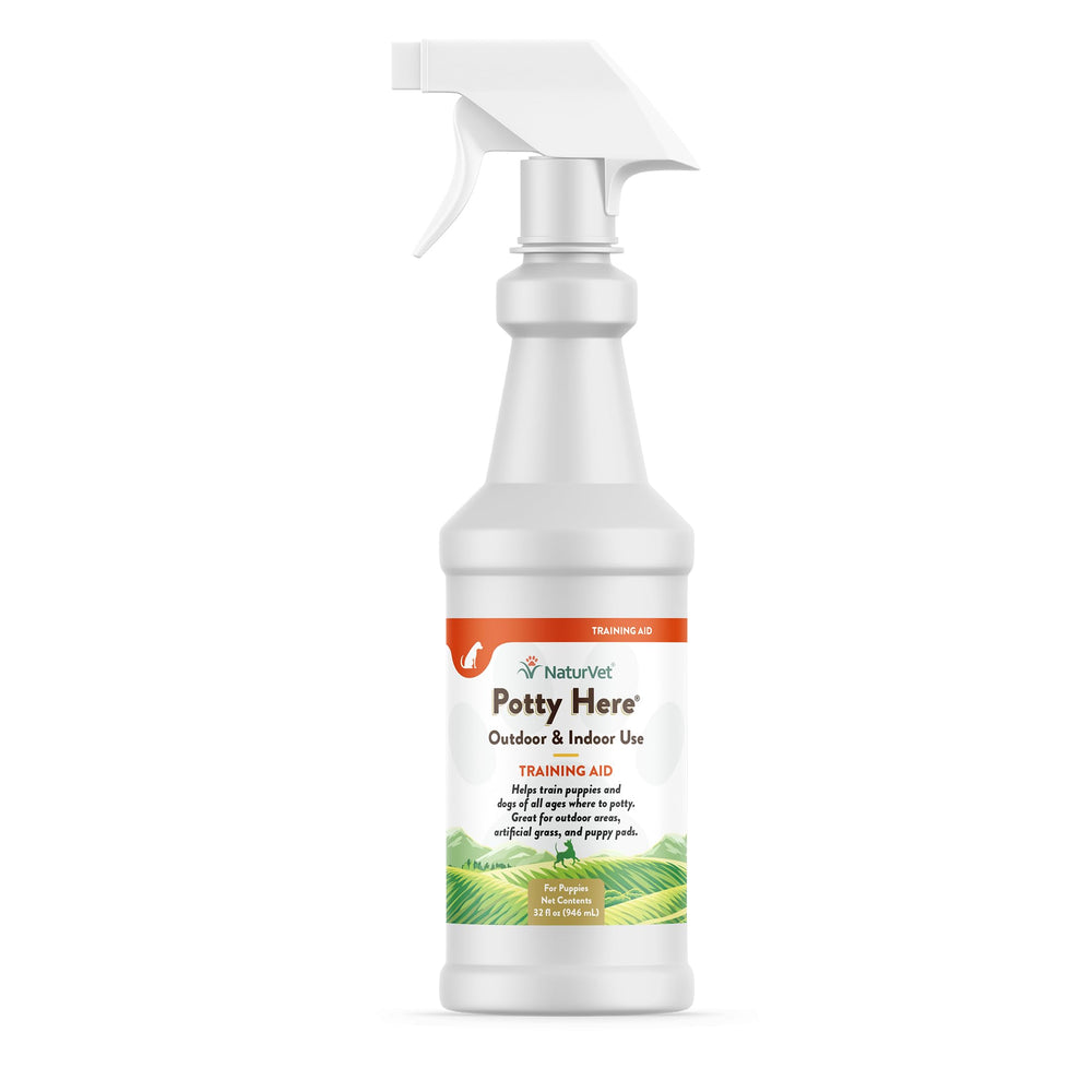 NaturVet Potty Here spray bottle guides dogs to designated potty spots indoors or outdoors.