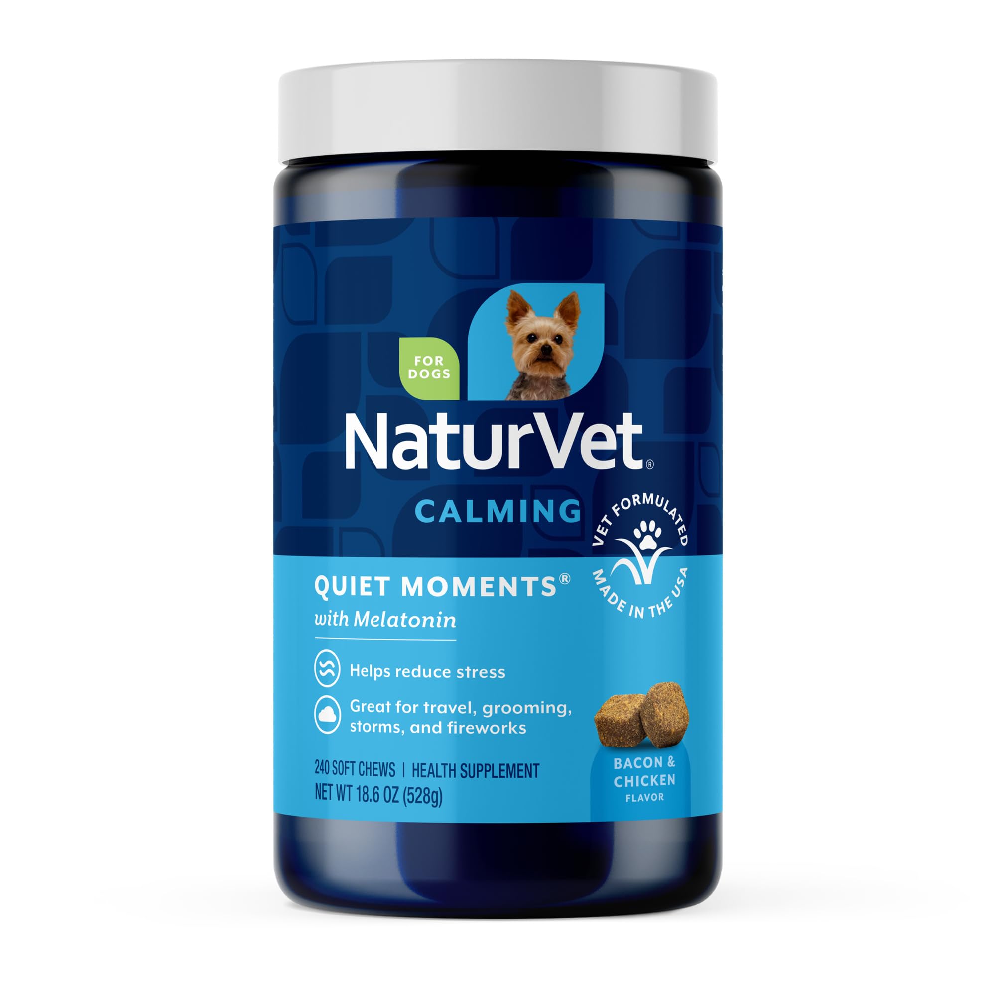 NaturVet Quiet Moments jar front with calming dog chews for stressed dogs.