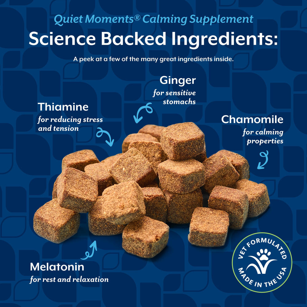 NaturVet Quiet Moments calming botanicals blend with melatonin for dogs.