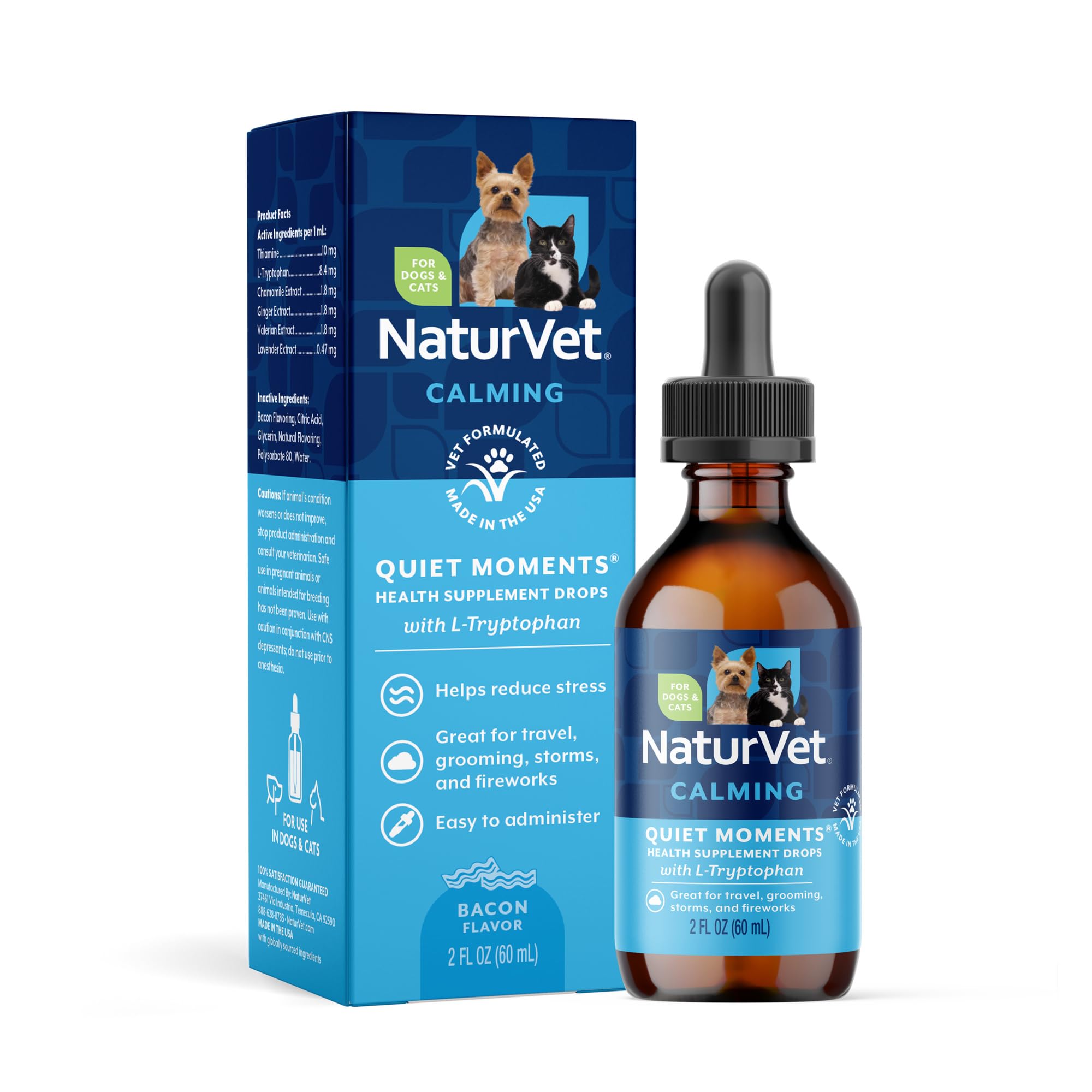 NaturVet Quiet Moments calming drops bottle promotes pet relaxation during stressful moments.