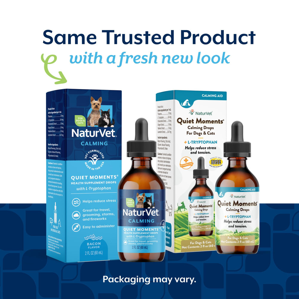 NaturVet Quiet Moments dropper-application shown for easy administration in dogs and cats.