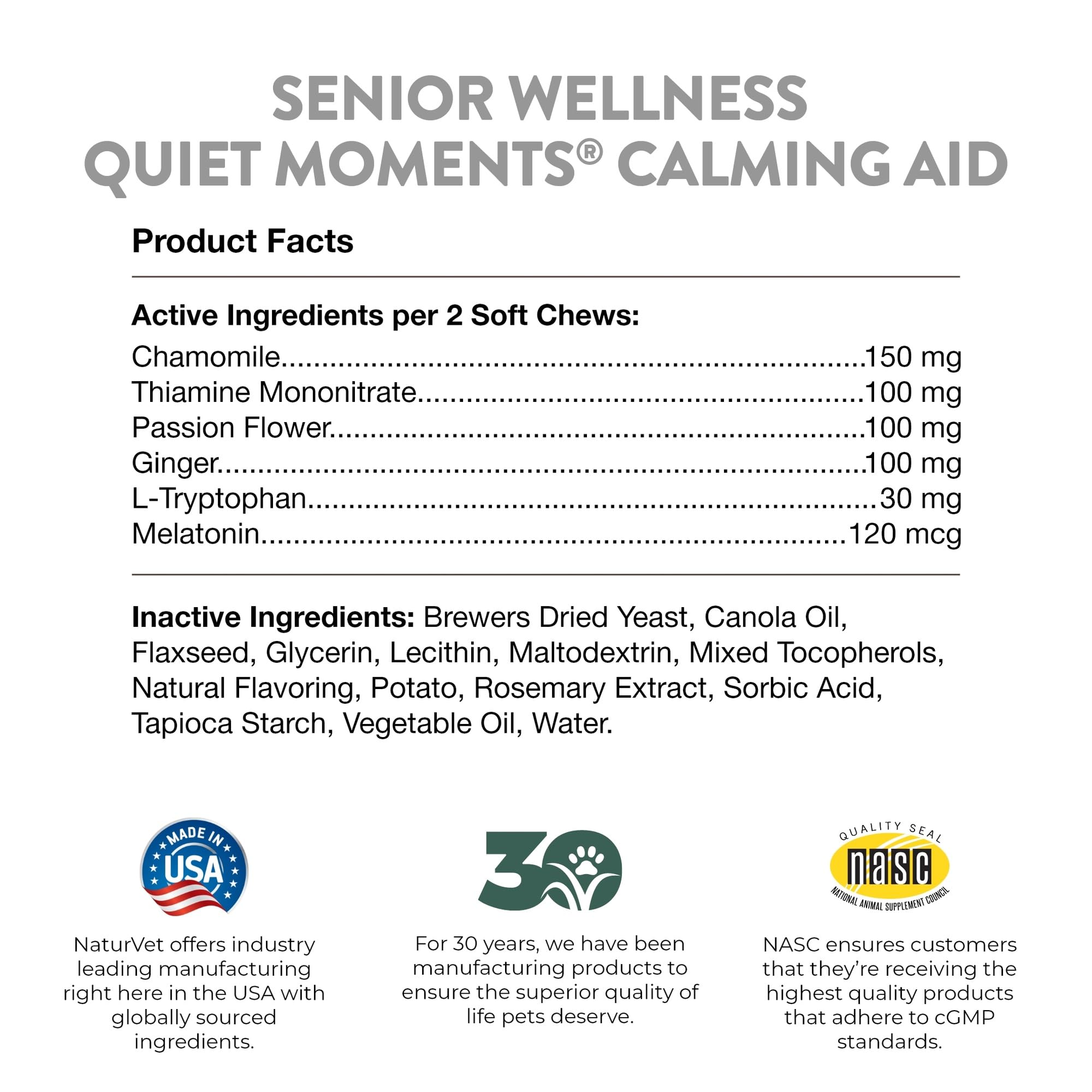 NaturVet Quiet Moments made-in-usa label, produced in USA with cGMP standards.