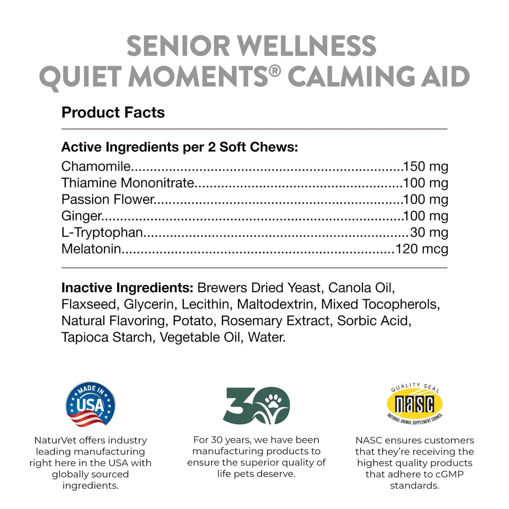 NaturVet Quiet Moments made-in-usa label, produced in USA with cGMP standards.