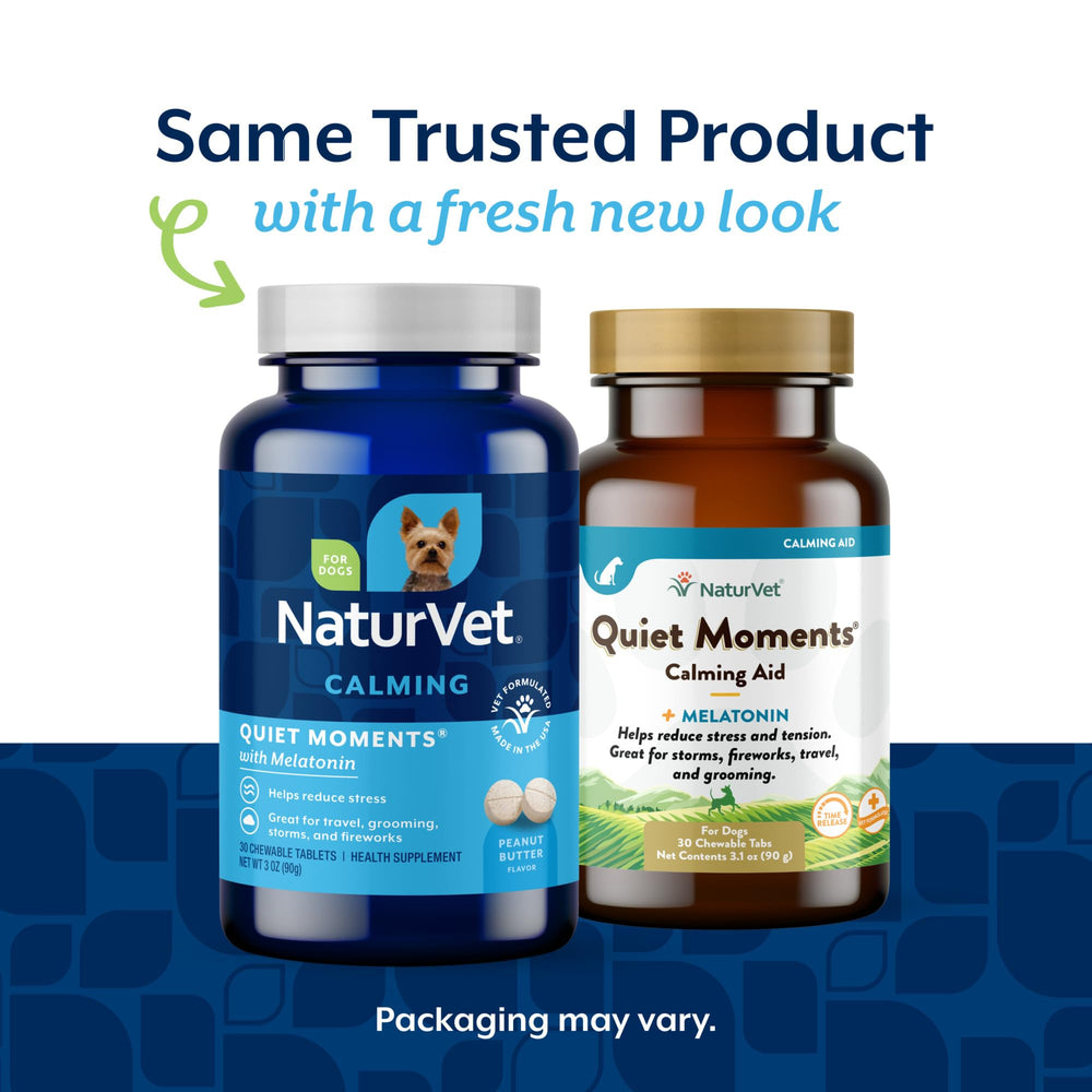 NaturVet Quiet Moments melatonin dog supplement shown as tasty chew for travel.