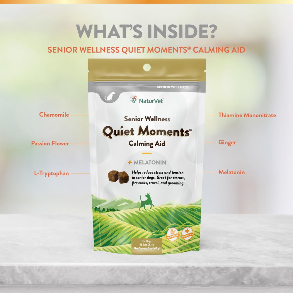 NaturVet Quiet Moments melatonin ingredient highlighted for calming support.