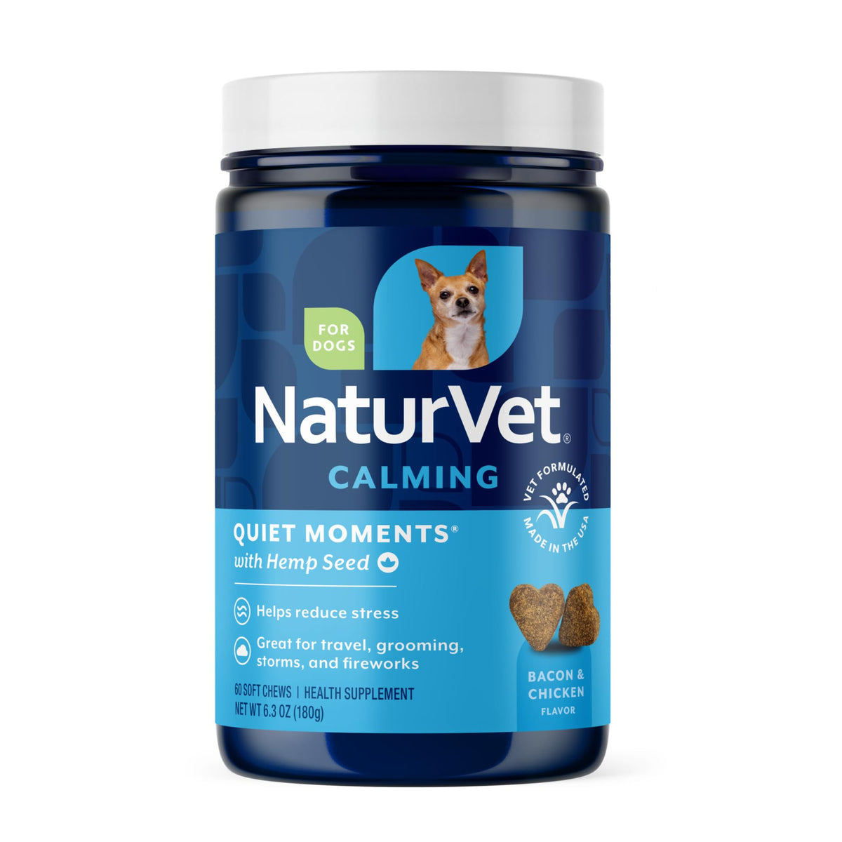 NaturVet Quiet Moments soft chews bottle front showing calming support for dogs