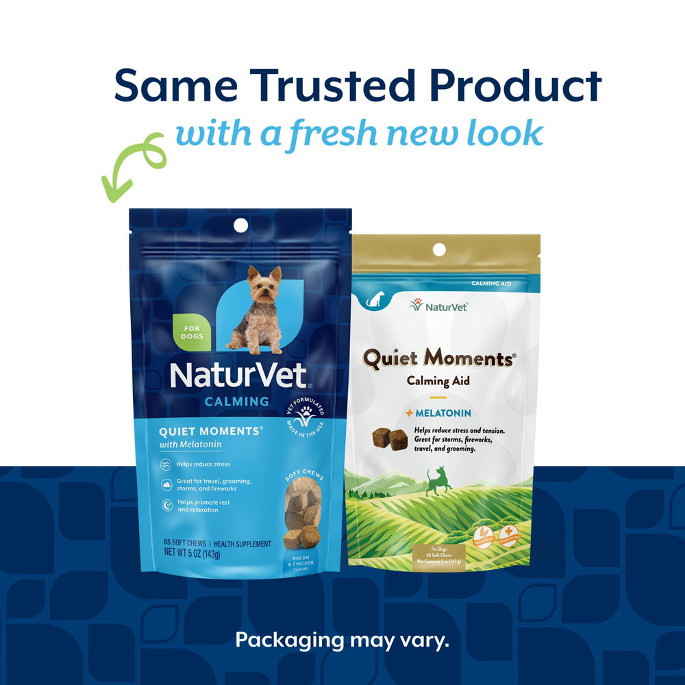 NaturVet Quiet Moments soft chews close-up showing bacon-chicken flavor dogs love
