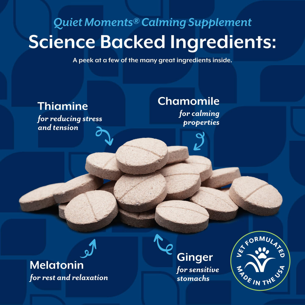 NaturVet Quiet Moments 30-count jar highlights US-made, cGMP-compliant pet care.