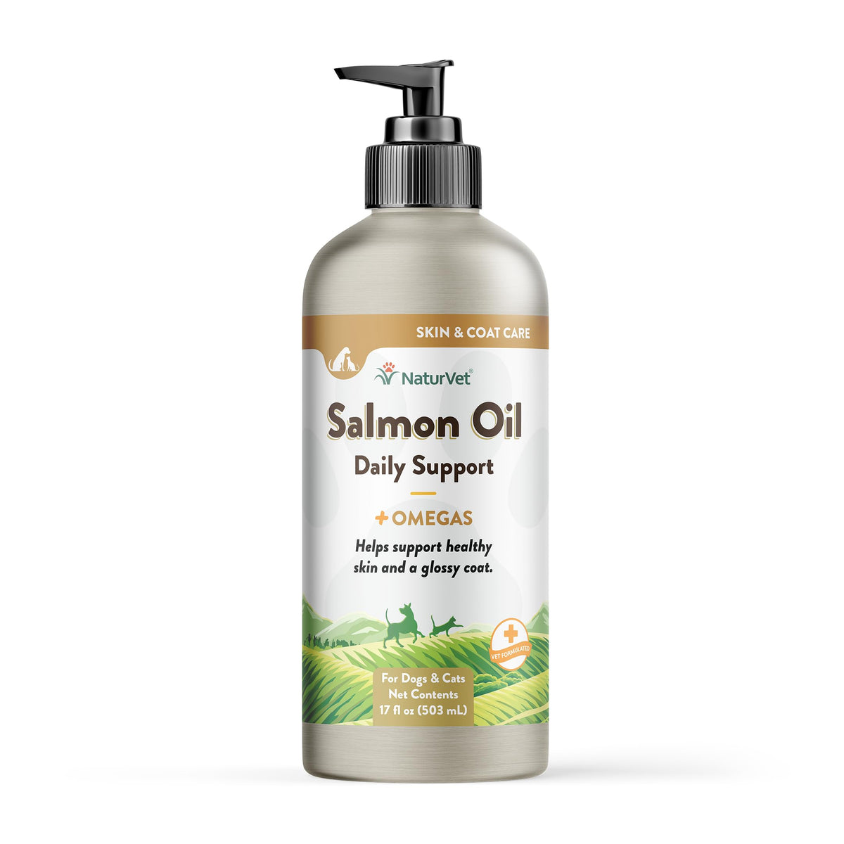 NaturVet salmon oil bottle pour demonstrates easy dosing for pets' coat health.
