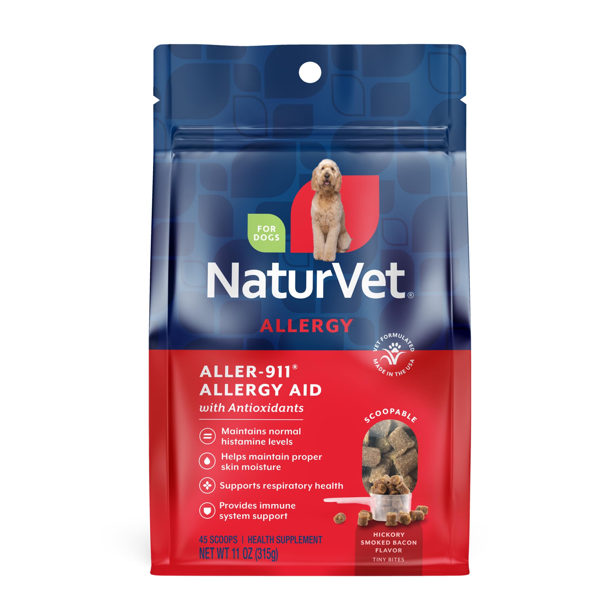 NaturVet Scoopables Aller-911 bottle showing bacon flavor for immune-support routine