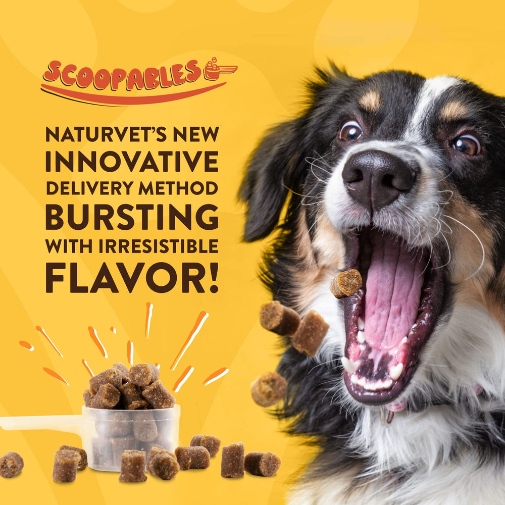 NaturVet Scoopables bag graphic highlights bacon flavor dogs love.