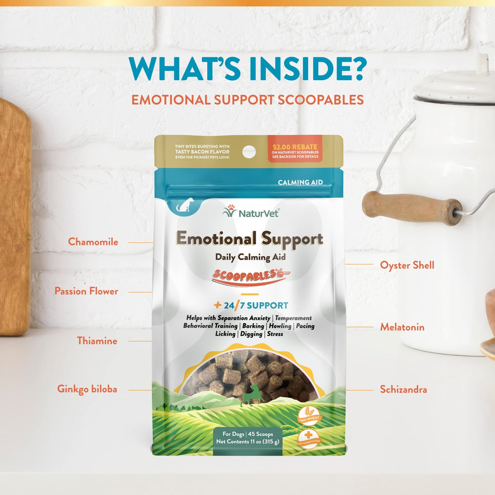 NaturVet Scoopables botanical blend illustration emphasizes herbal ingredients.