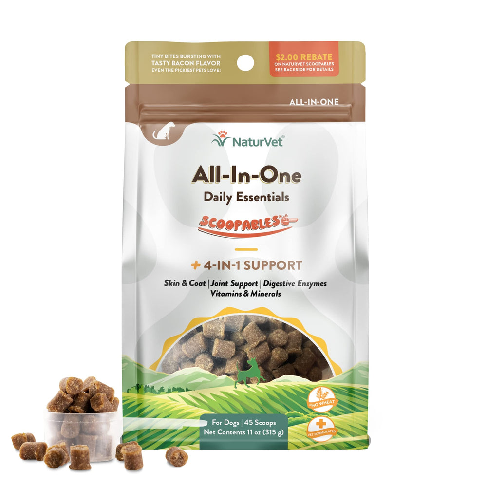 NaturVet Scoopables bottle cap shows easy daily multivitamin delivery.