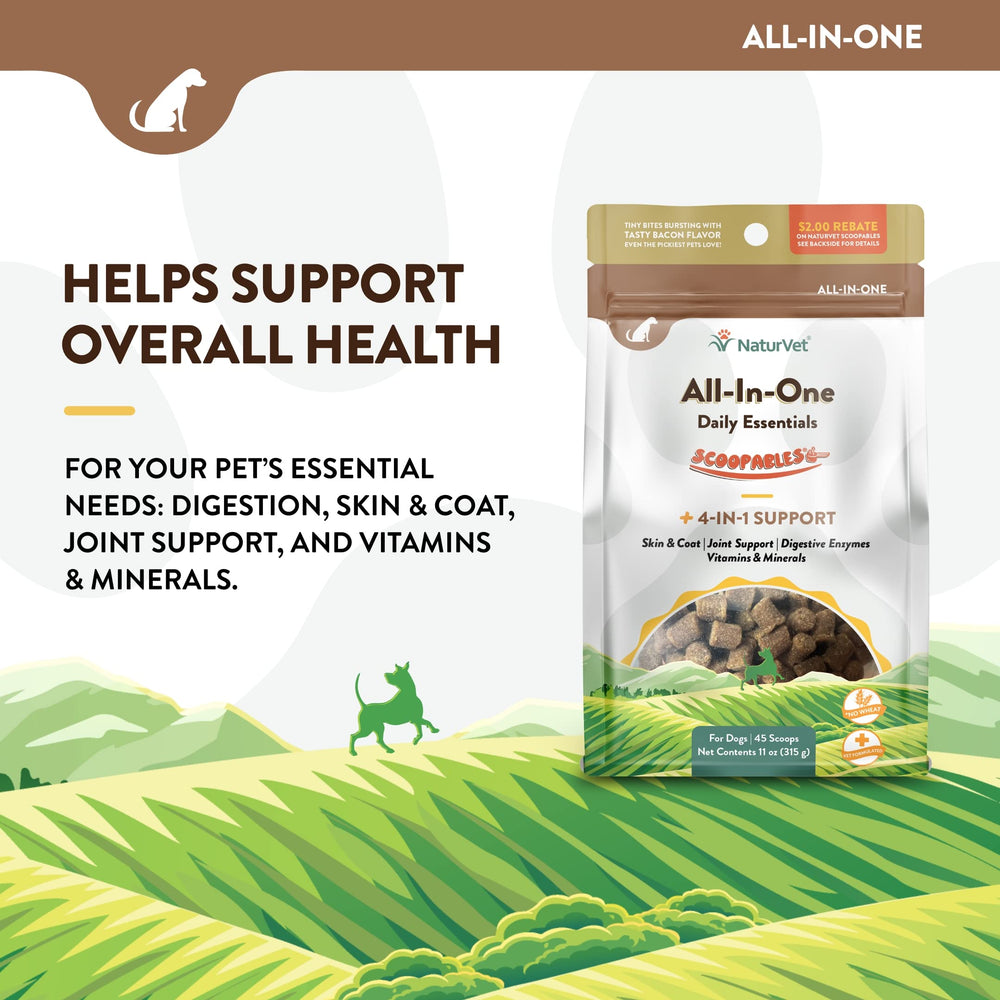 NaturVet Scoopables dog bowl shows convenient daily nutrition for dogs.