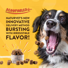 NaturVet Scoopables dog enjoying a treat, promoting calm behavior.