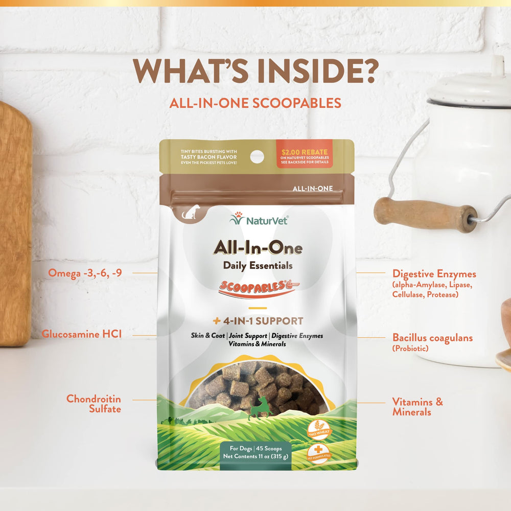 NaturVet Scoopables joint-mobility shot emphasizes glucosamine and chondroitin support.