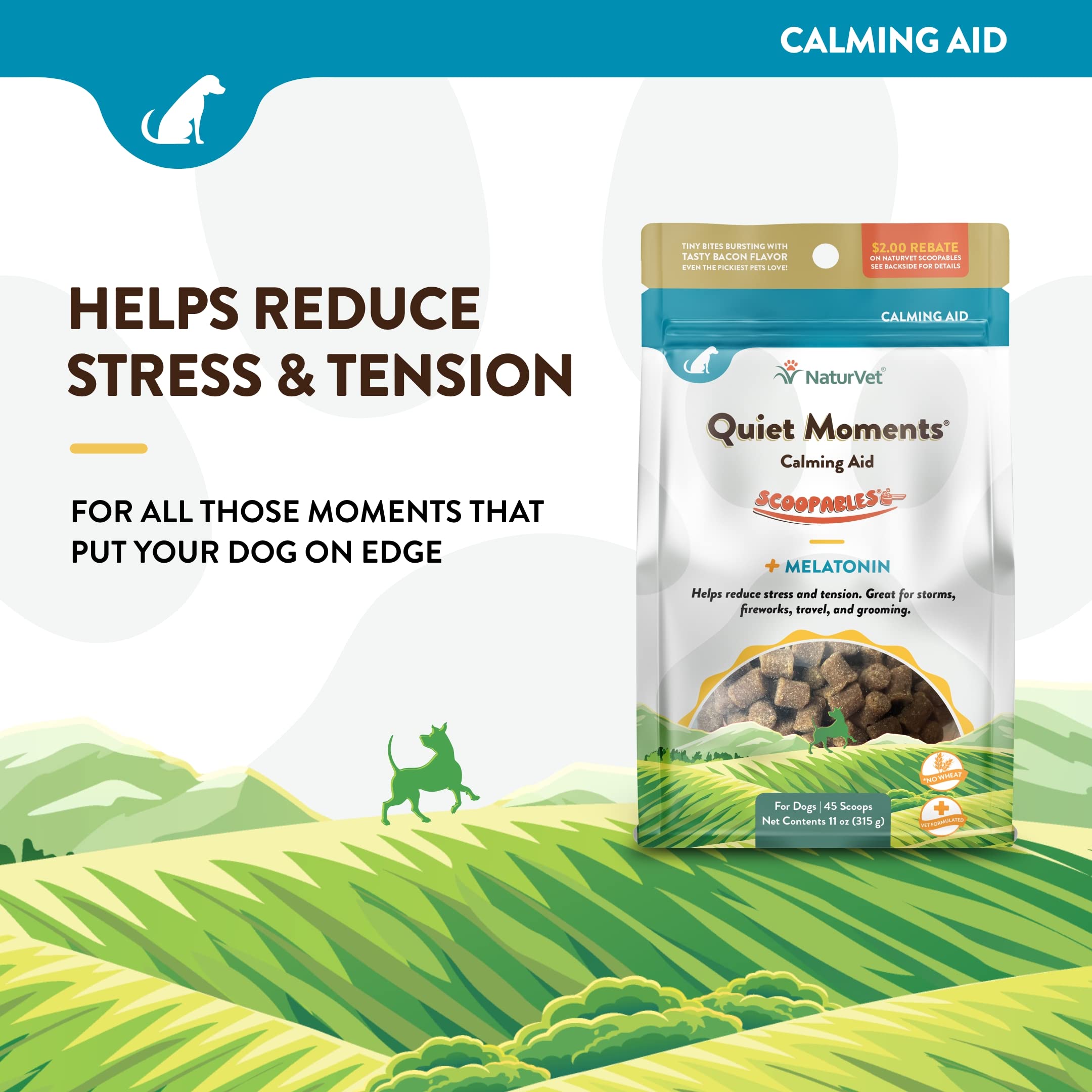 NaturVet Scoopables Quiet Moments powder on food emphasizes simple administration