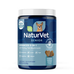 NaturVet Senior Advanced 5-in-1 soft chews bottle supporting aging dogs' immune health.