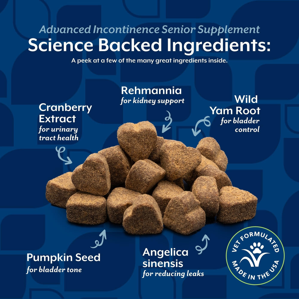 NaturVet Senior Advanced Incontinence bottle being poured for daily use.