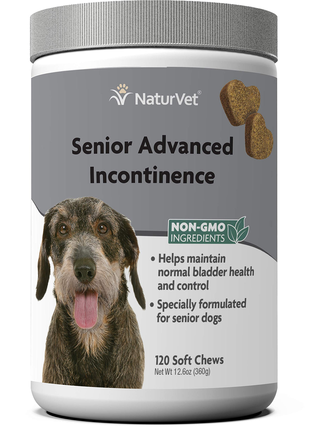 NaturVet Senior Advanced Incontinence dog bottle front, signaling trusted bladder support.