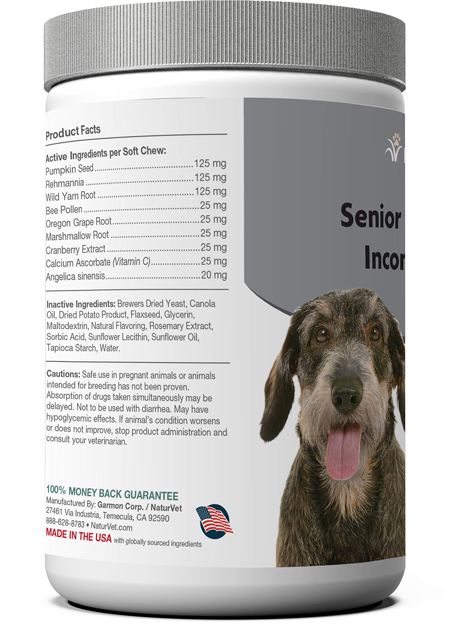 NaturVet Senior Advanced Incontinence dog bottle label close-up for dosage and ingredients.