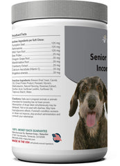 NaturVet Senior Advanced Incontinence dog bottle label close-up for dosage and ingredients.