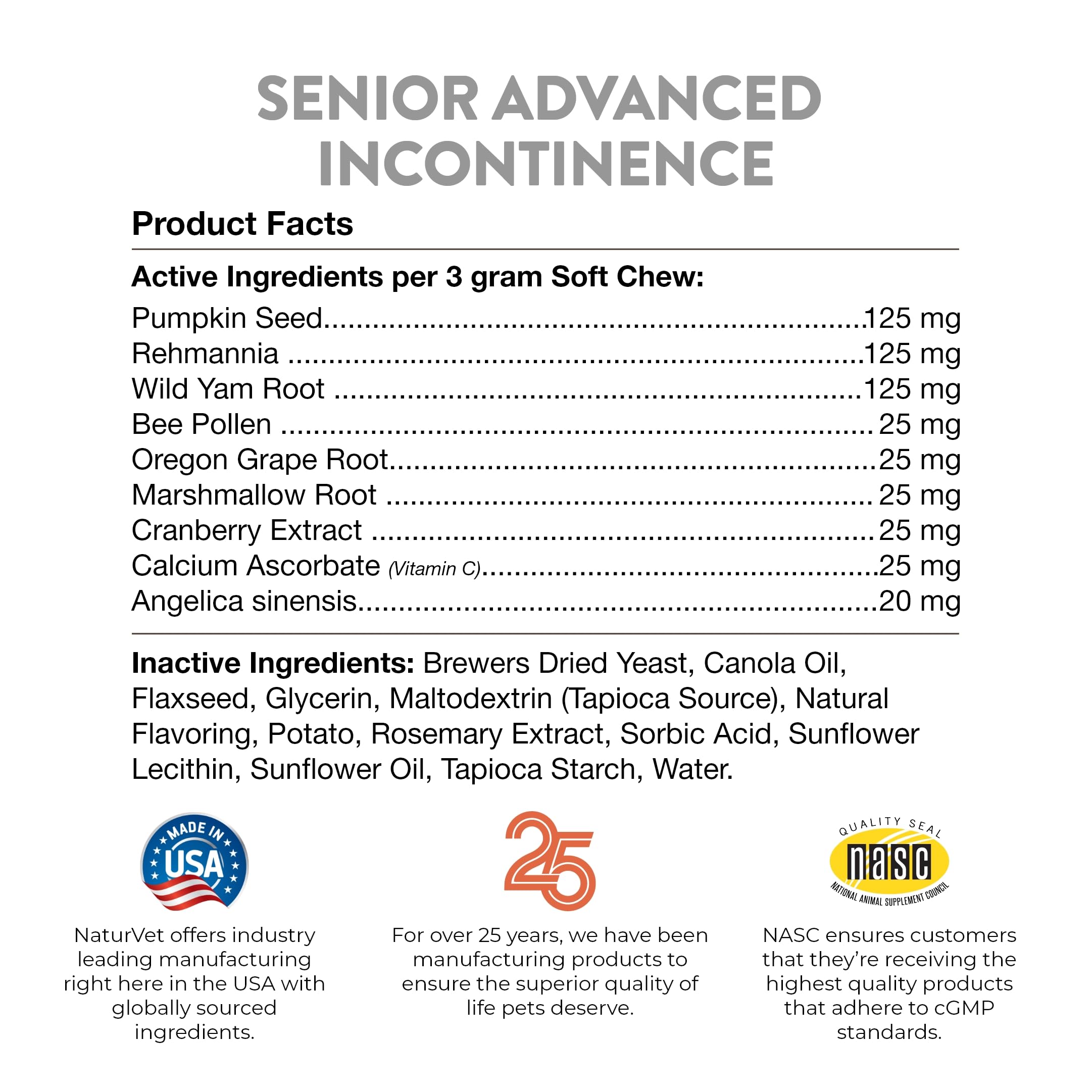 NaturVet Senior Advanced Incontinence product beside dog toy, gentle daily care.