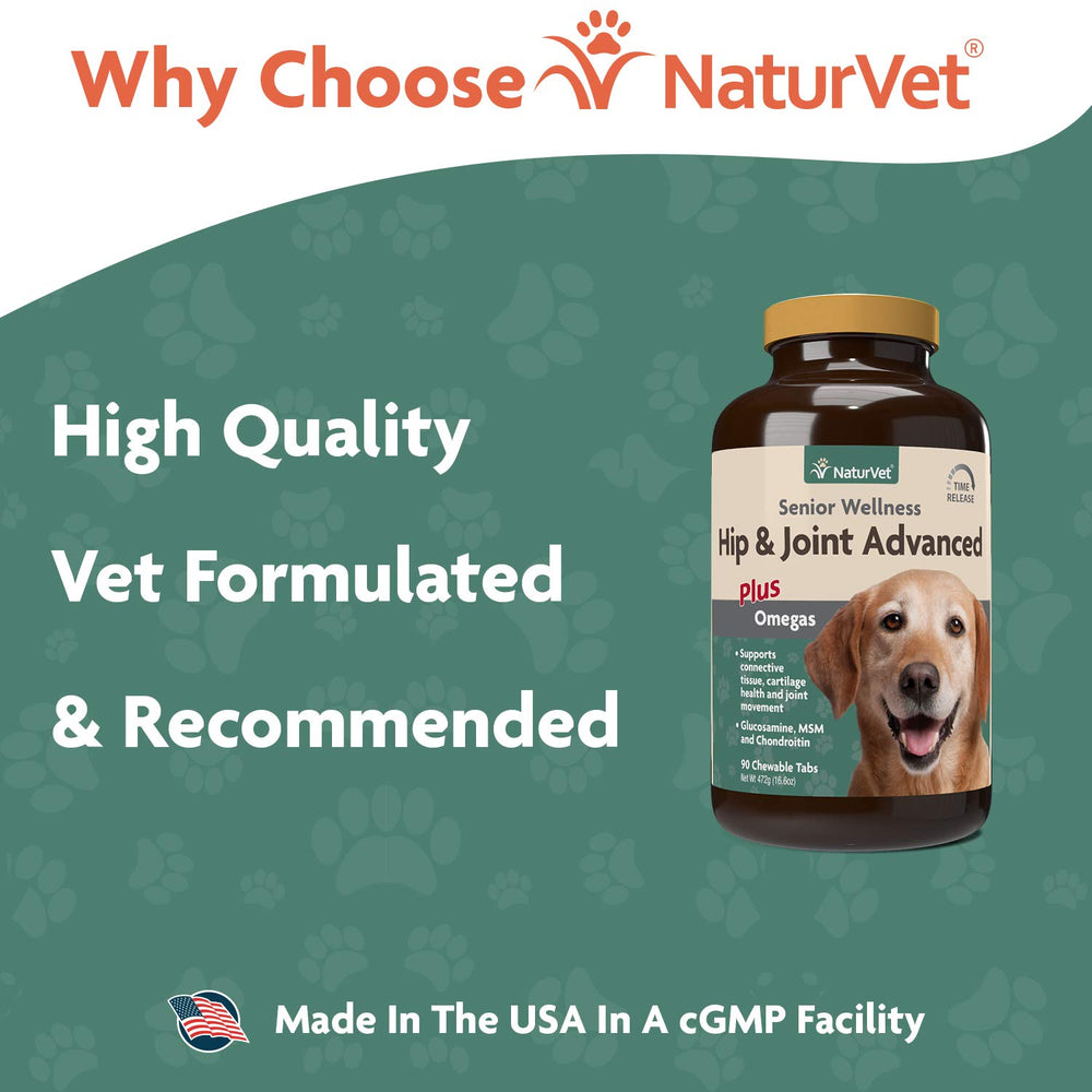 NaturVet Senior Wellness packaging box emphasizes 90 time-release tablets for aging dogs.