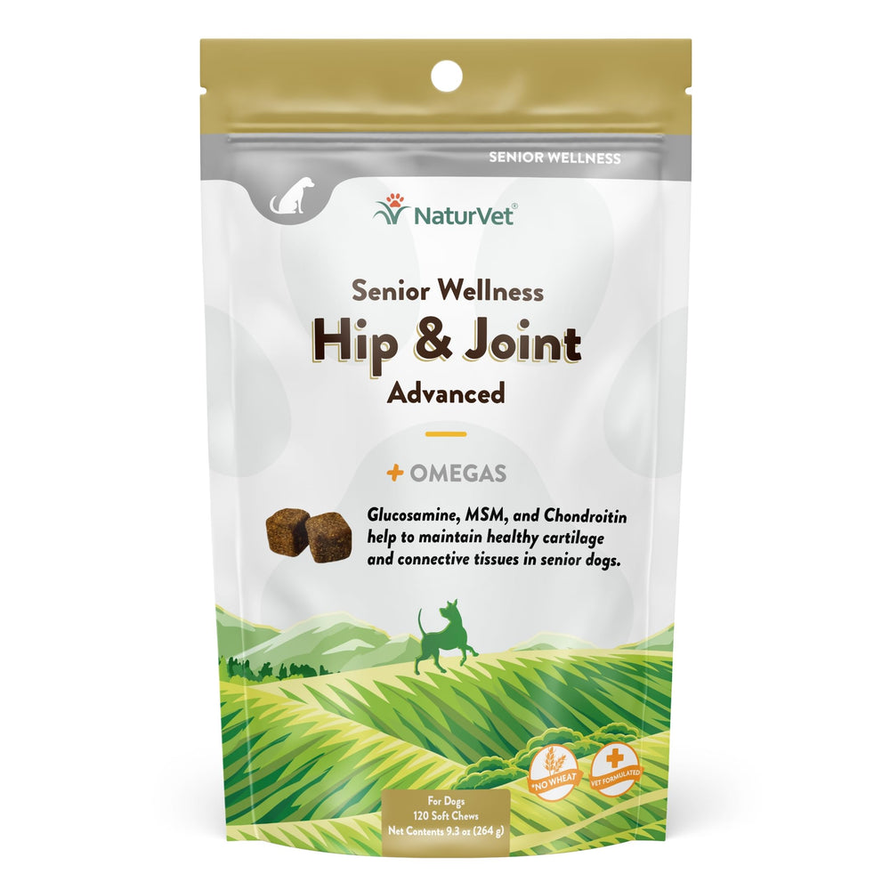 NaturVet Senior Wellness hip joint soft chews bottle close-up showing palatable texture.